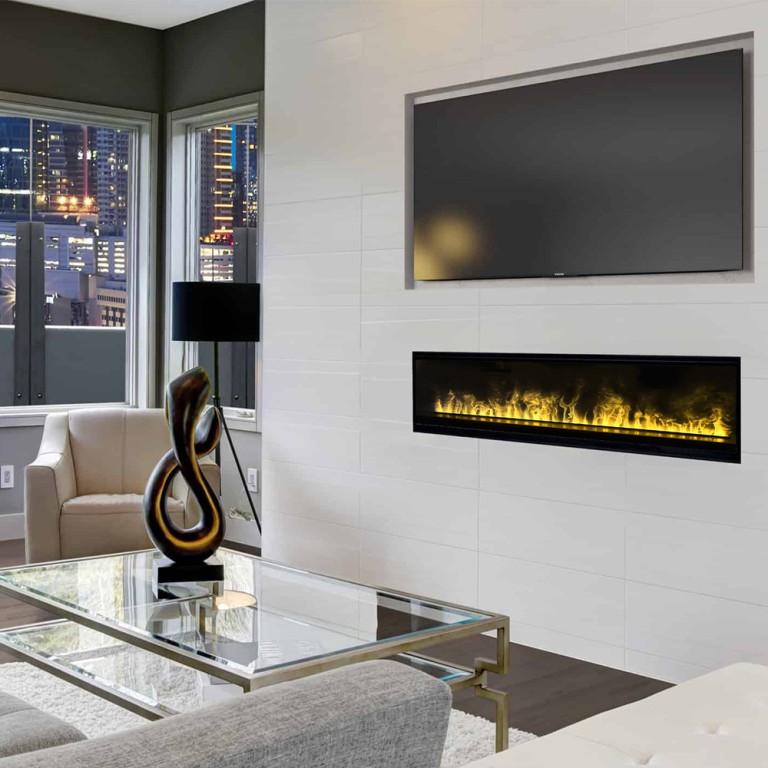 Electric fireplace in different seasons
